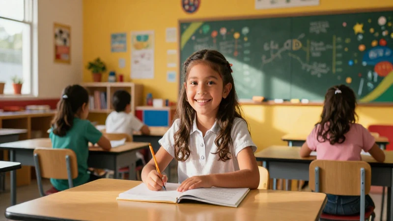 Niña alegre triunfa en aula moderna y soleada