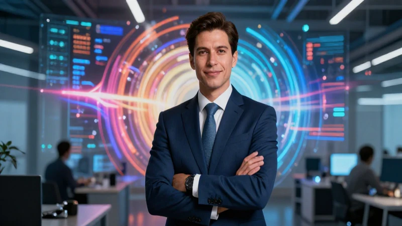 Profesional mexicano en entorno tecnológico vibrante y moderno