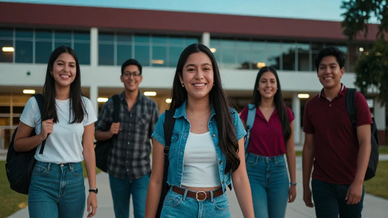 Estudiante mexicano sonríe en campus universitario vibrante