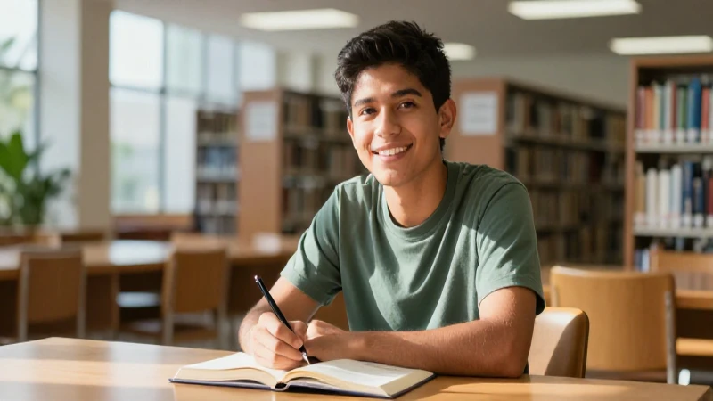Estudiante mexicano sonríe en biblioteca moderna