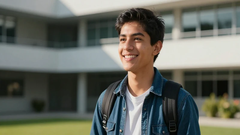 Estudiante mexicano optimista en universidad moderna
