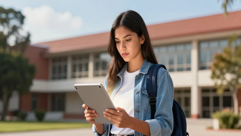 Estudiante mexicana decidida en campus moderno con luz