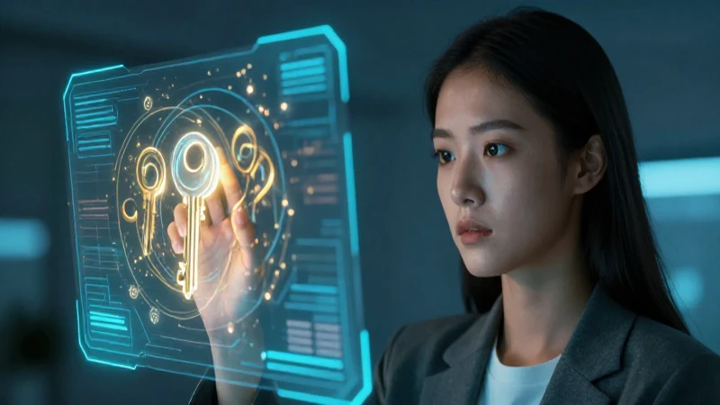 Mujer interactúa con clave holográfica brillante