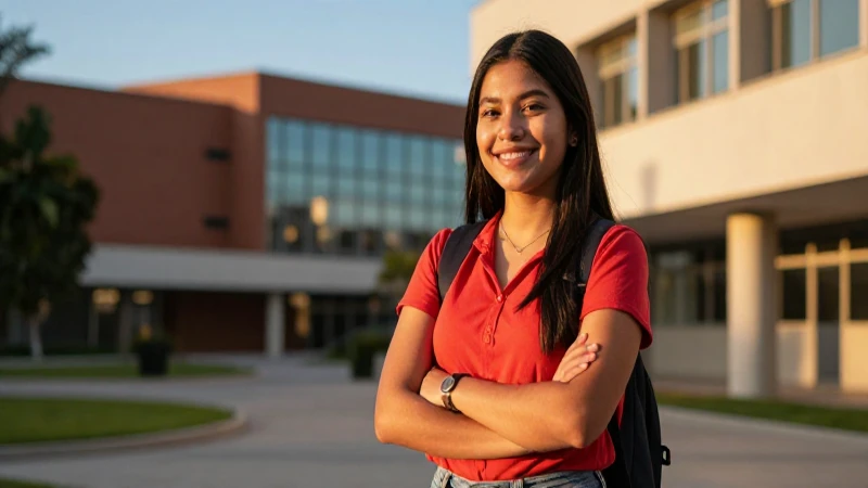 Estudiante mexicano sonriendo en campus moderno