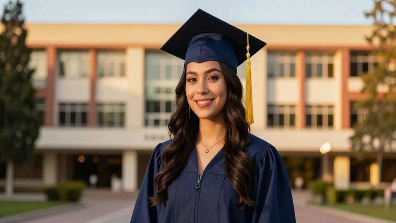 Graduado mexicano triunfante en campus moderno