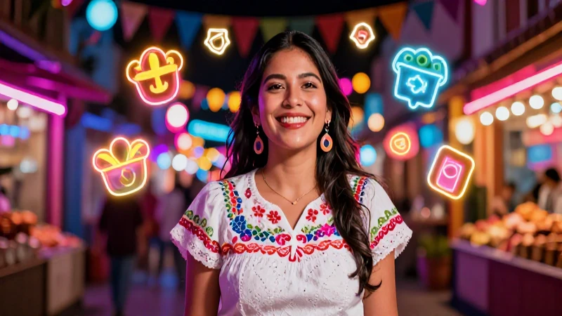 Mujer mexicana feliz en mercado festivo vibrante