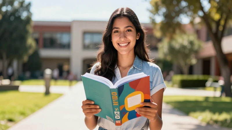 Mujer mexicana sonriente en campus universitario