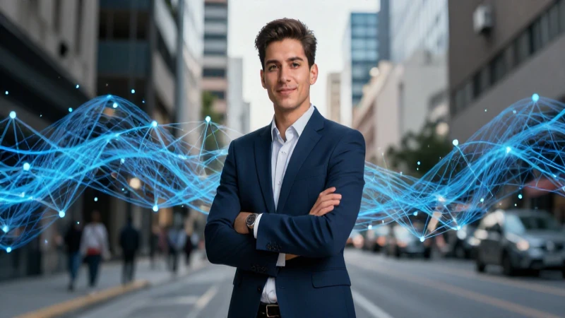 Joven mexicano rodeado de datos digitales urbanos vibrantes