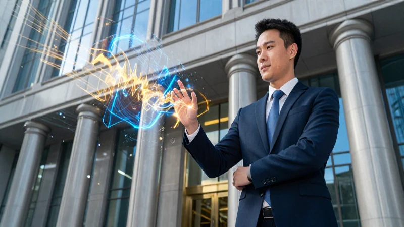 Arquitectura bancaria futurista con energía financiera