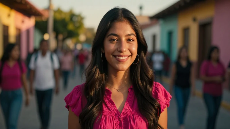 Mujer mexicana sonriente en un escenario financiero vibrante