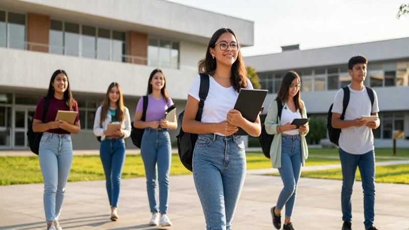 Joven mexicana exitosa en campus vibrante y moderno