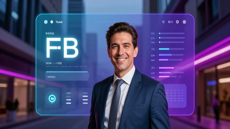 Profesional mexicano sofisticado sonríe ante interfaz digital