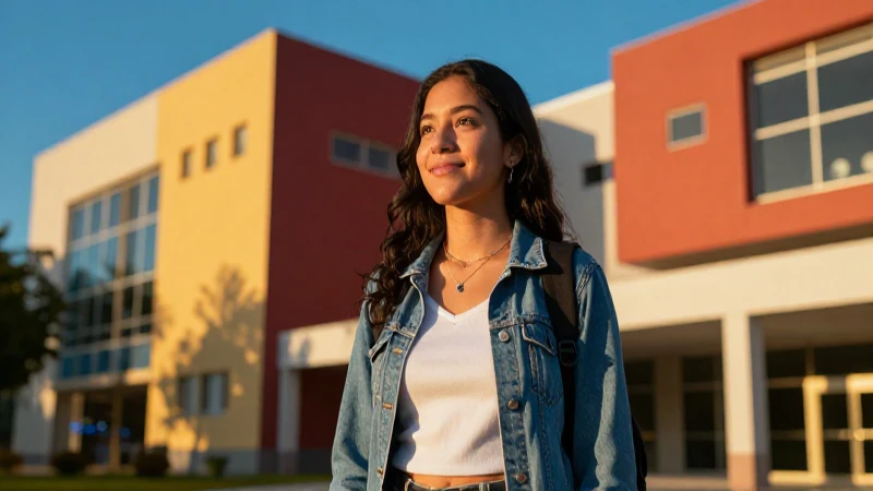 Joven mexicano sonríe en moderno campus dorado