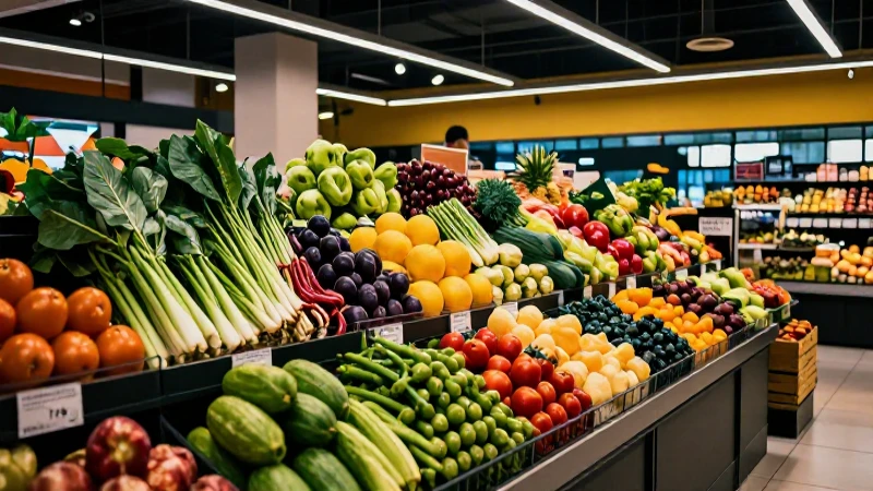 Mercado mexicano vibrante con productos frescos y luz intensa