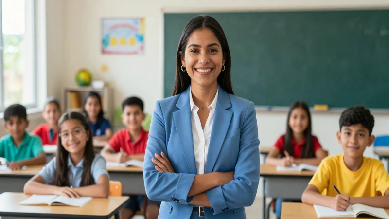 Maestra y alumnos en aula moderna y vibrante