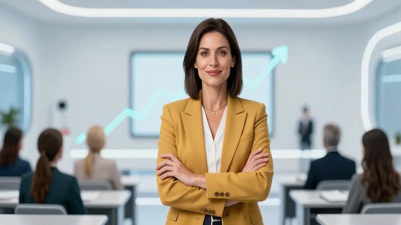 Maestra segura en aula tecnológica moderna
