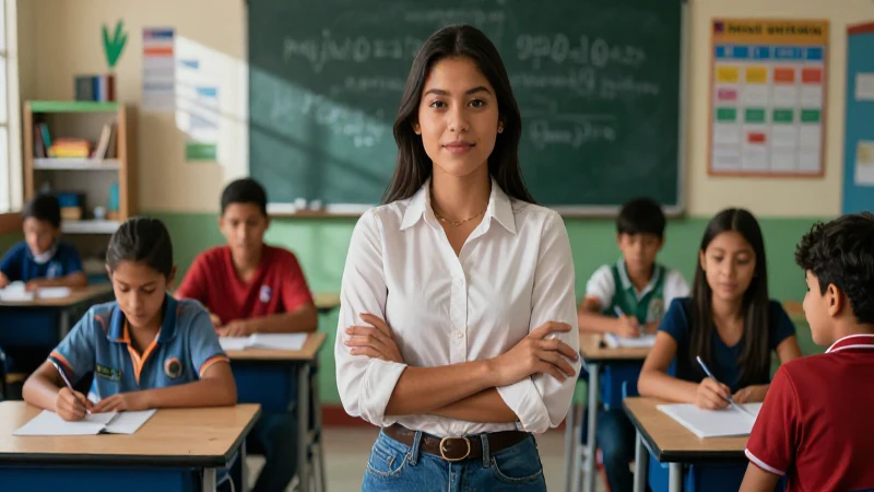 Docente mexicana inspirando en aula vibrante y moderna