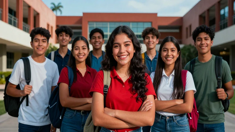 Estudiantes mexicanos diversos en campus vibrante