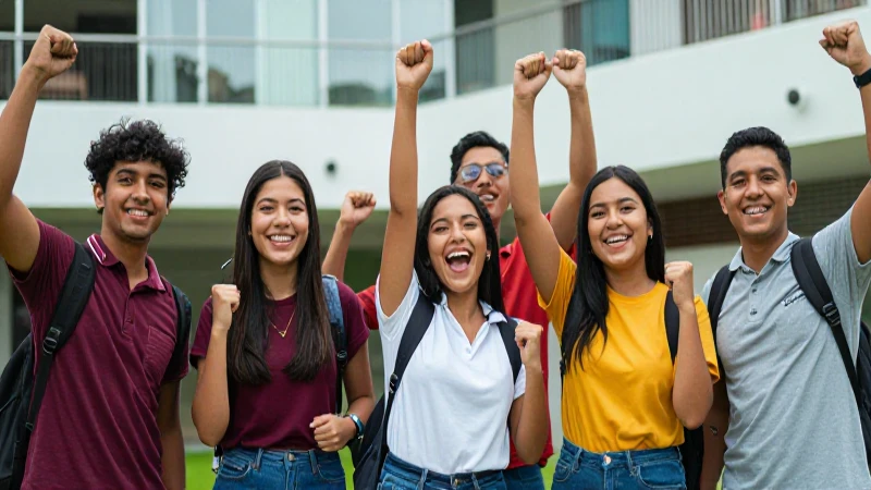 Estudiantes mexicanos celebrando éxito en campus moderno