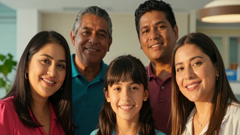 Familia mexicana sonríe en clínica moderna con luz dorada