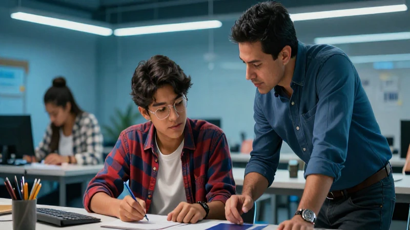 Estudiante mexicano colaborando con mentor en taller dinámico