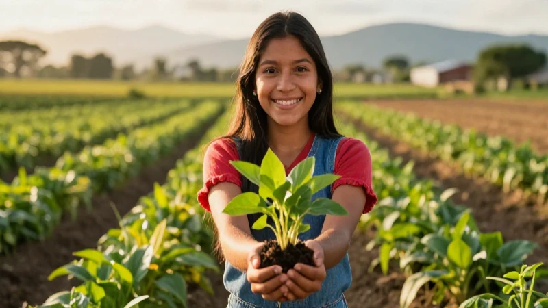 Joven mexicana con manos sosteniendo plantas en un campo hermoso