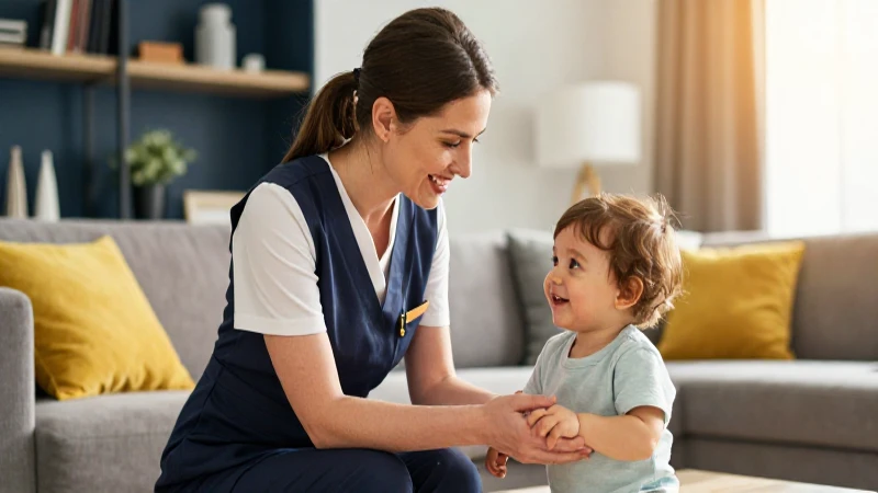 Nanny atractiva interactúa con feliz niño