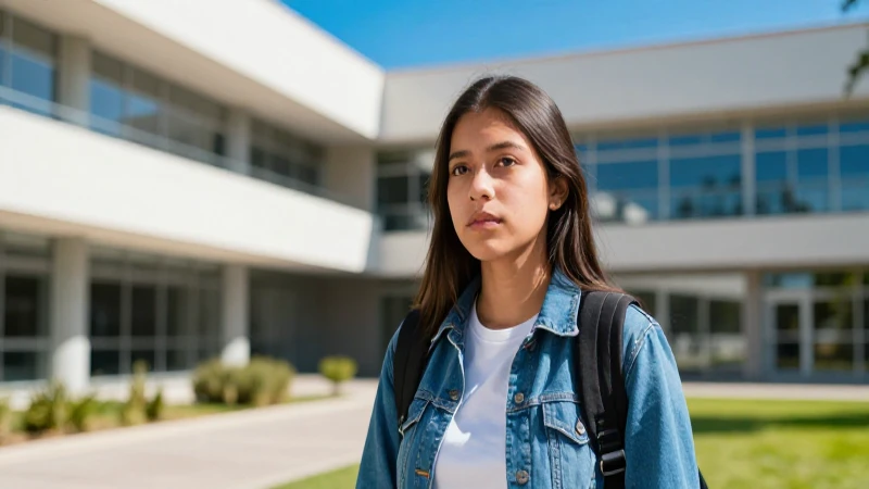 Estudiante mexicano en campus moderno bajo luz brillante