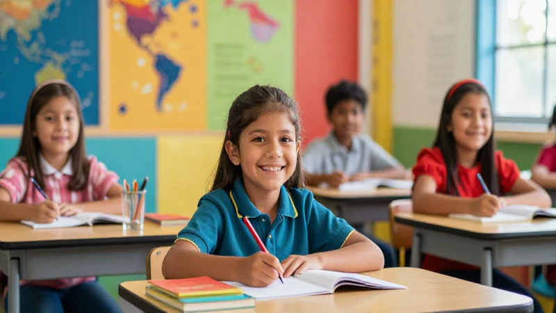 Estudiante mexicano sonriente en aula colorida