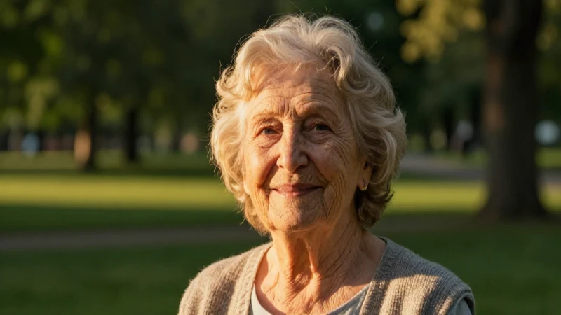 Mujer mayor radiante en parque, luz dorada