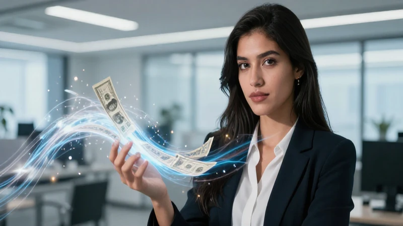 Joven mexicana, oficina moderna, flujo de dinero digital