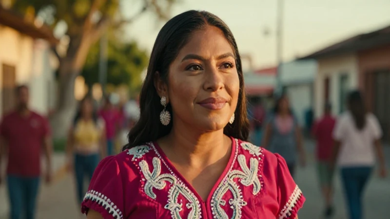 Mujer mexicana optimista con ambiente comunitario y luz dorada