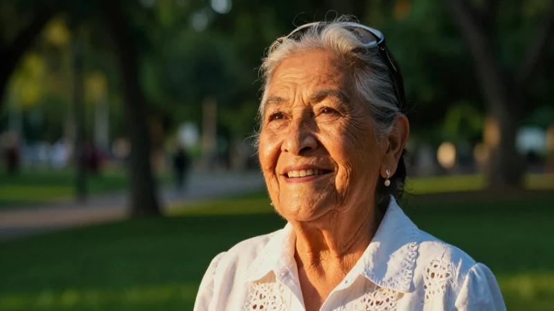 Mujer mexicana mayor sonríe en un parque bajo la luz dorada