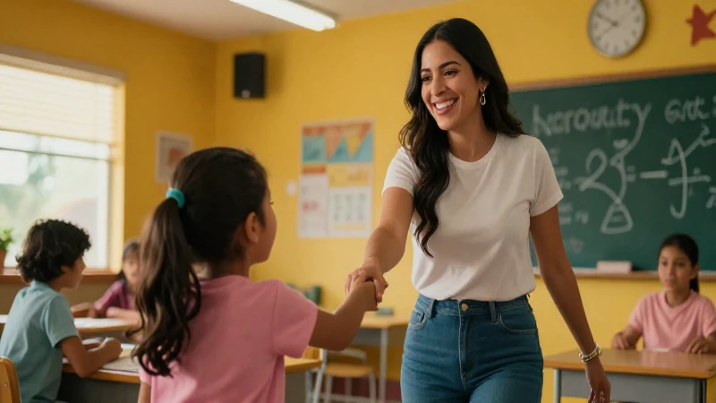 Mujer mexicana feliz con estudiante en entorno moderno
