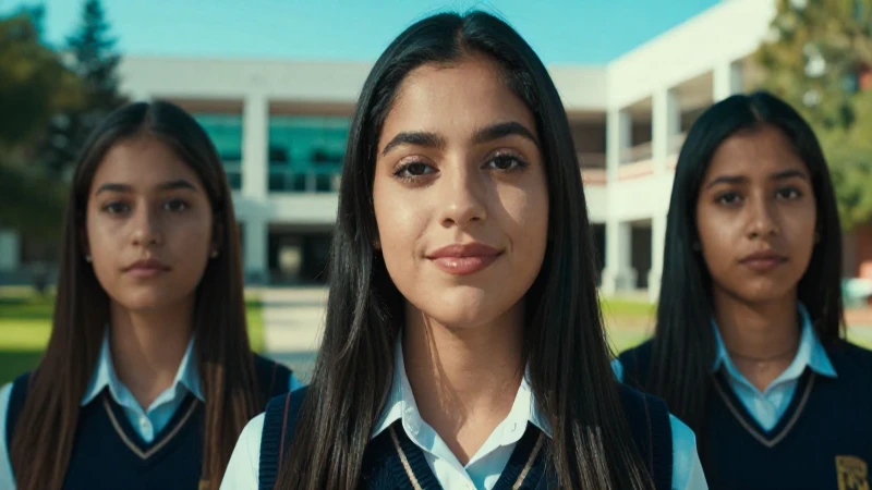 Joven mexicana sonríe en campus universitario vibrante