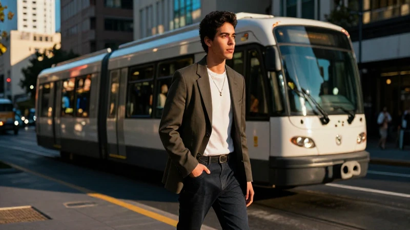 Joven mexicano en la ciudad con luz dorada