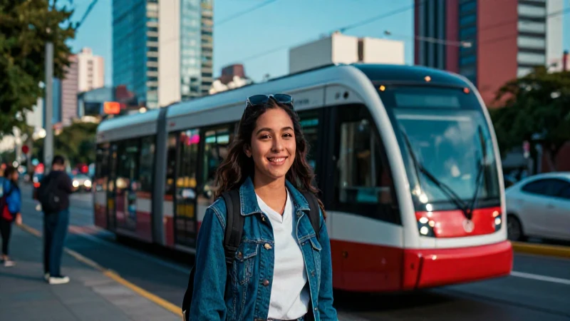 Estudiante sonríe en transporte urbano moderno