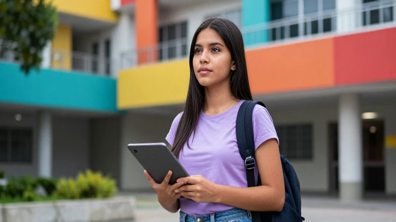 Joven mexicana en campus moderno vibrante