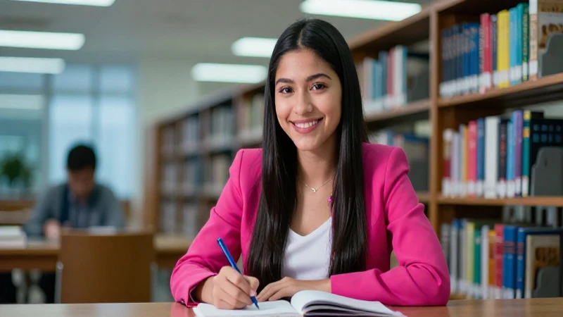 Joven mexicana estudia en biblioteca moderna