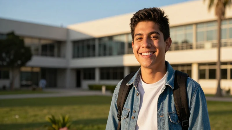 Joven estudiante mexicano sonríe en campus vibrante