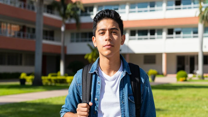 Estudiante mexicano decidido en vibrante campus