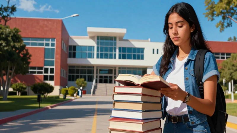 Estudiante mexicano en campus moderno con libros