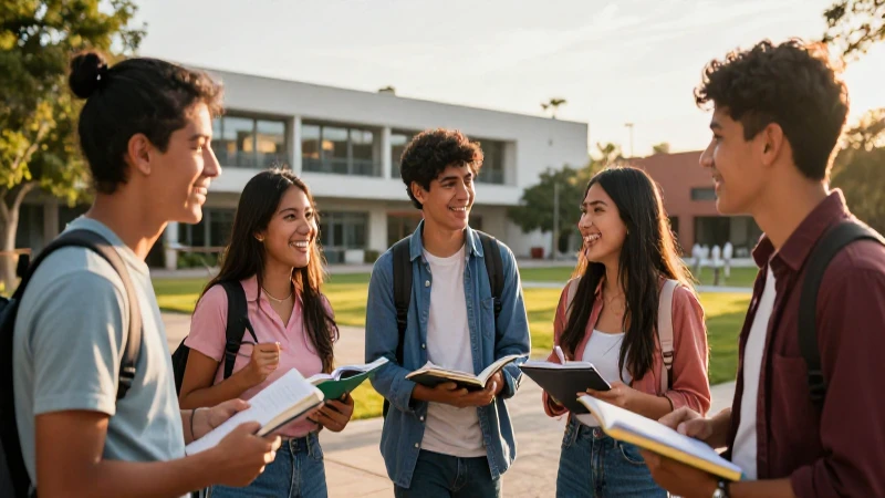 Jóvenes mexicanos sonríen en campus universitario al atardecer