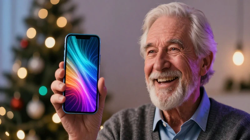 Abuelo feliz con teléfono y ambiente festivo