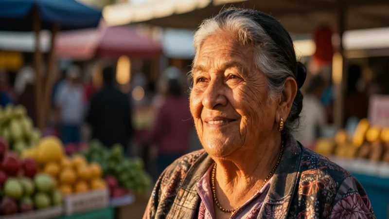 Feliz anciana mexicana en vibrante mercado