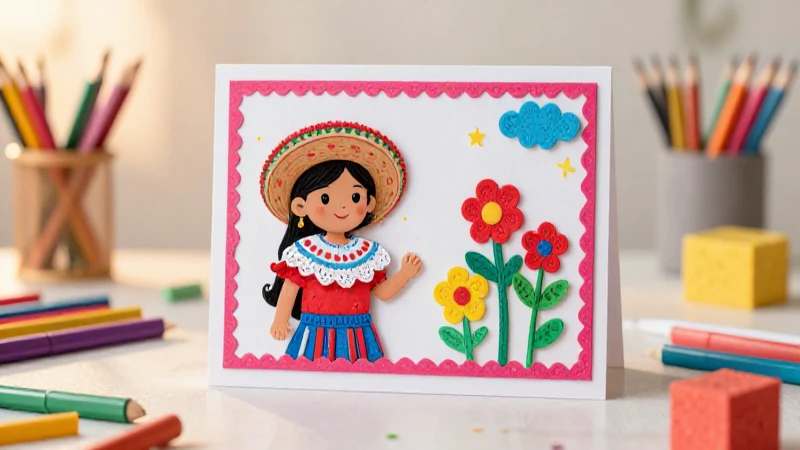 Niño mexicano sonríe con tarjeta colorida