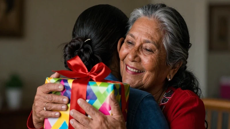 Abuelitos mexicanos abrazando regalo con luz vibrante