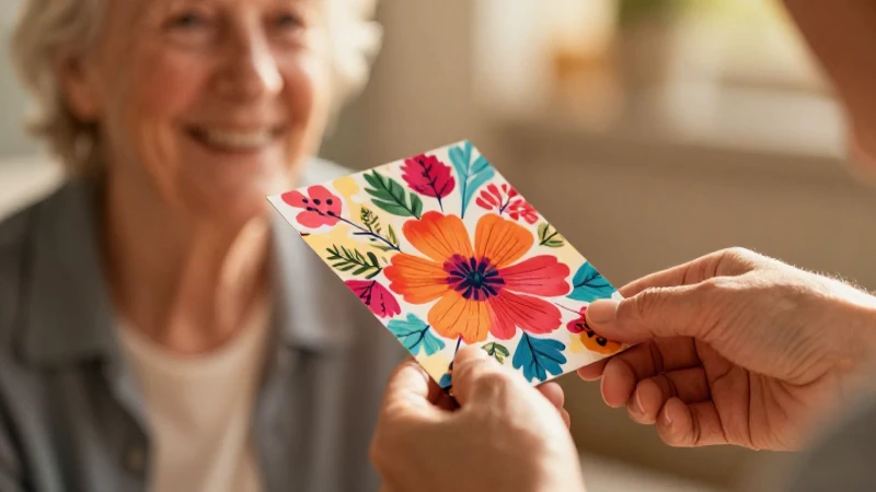 Manos entregando vibrante tarjeta floral a un abuelo feliz