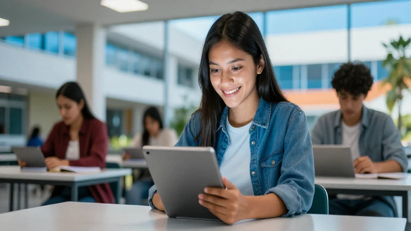 Estudiante mexicano feliz estudia en tablet moderna