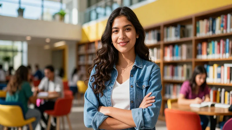 Estudiante mexicano sonriente en biblioteca moderna